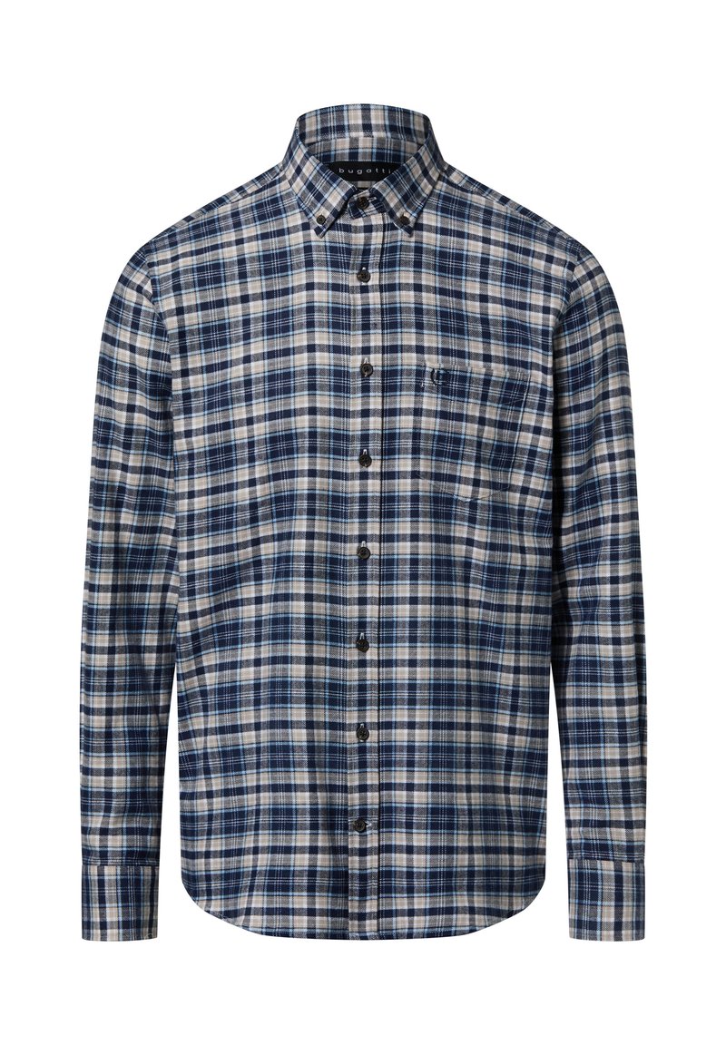 Camicia a quadri blu e bianca con colletto abbottonato, maniche lunghe, tasca frontale e bottoni neri. Tessuto morbido con finitura strutturata.