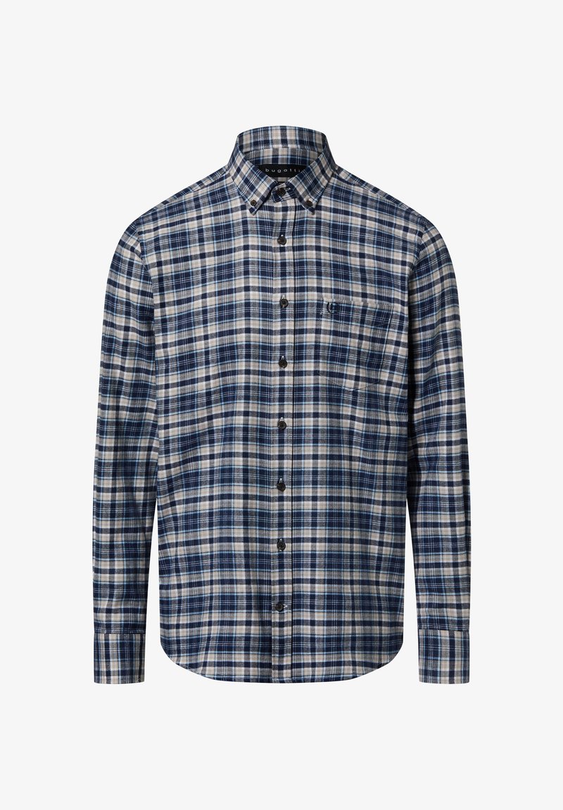 Camicia a quadri blu e bianca con colletto abbottonato, maniche lunghe, tasca frontale e bottoni neri. Tessuto morbido con finitura strutturata.