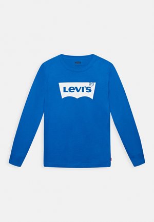 Niebieska koszula z długim rękawem z białym logo Levi's na piersi, okrągłym dekoltem i ściągaczami na rękawach.