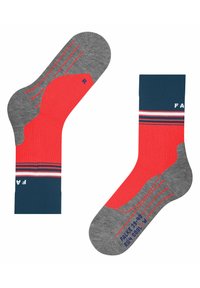 Czerwone i szare skarpetki sportowe wykonane z teksturowanego, oddychającego materiału. Wyposażone w niebieskie akcenty i paski na mankiecie. Z oznaczeniem "FALKE" na podeszwie.