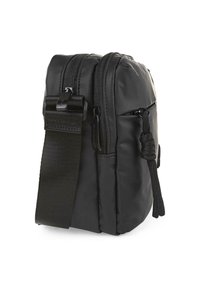 Bolsa de nylon negra con doble cremallera, bolsillo lateral y correa ajustable. Superficie texturizada con costuras reforzadas y detalles de paracord.