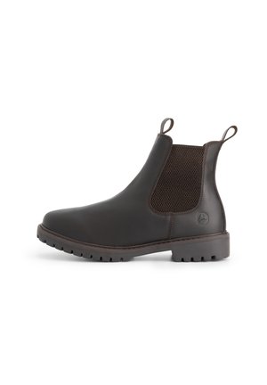 Botte Chelsea en cuir brun foncé avec des panneaux élastiques sur les côtés, des languettes à l'avant et à l'arrière, et une semelle robuste.