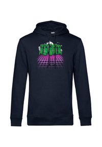 Sudadera azul marino de tela suave con un gráfico de personajes pixelados verdes sobre un fondo geométrico colorido. Con cordones ajustables.