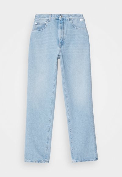 Light blue denim straight-leg jeans with a high waist, five pockets, and a button closure at the front. Minimalist design with no patterns.
