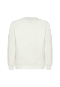 Felpa bianca in cotone con colletto rotondo e maniche lunghe, caratterizzata da polsini e orlo a coste, texture liscia e design minimalista.