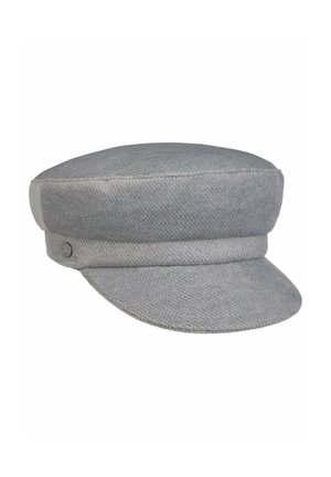 Gray textured fabric fisherman's cap with a short stiff brim and a band around the base, featuring a small metallic side button.