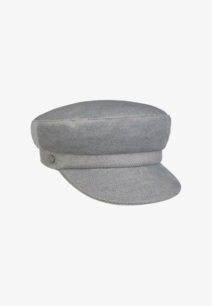 Gray textured fabric fisherman's cap with a short stiff brim and a band around the base, featuring a small metallic side button.