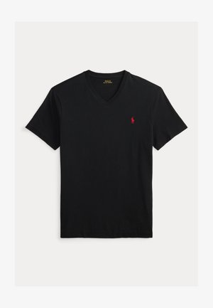 Black V-neck Polo Ralph Lauren T-shirt with short sleeves and small red embroidered logo on left chest.