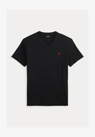 Črna Polo Ralph Lauren majica z V-izrezom, kratkimi rokavi in majhnim rdečim vezenim logotipom na levi strani prsnega koša.