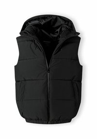 Schwarze Steppweste mit Kapuze, mit horizontalen Nähten, einem Frontreißverschluss und einem Kordelzug am Hals für eine verstellbare Passform.