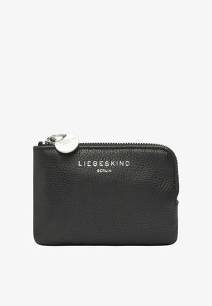 Astuccio nero in pelle testurizzata con zip, tiralampo in metallo argentato e logo Liebeskind Berlin stampato in bianco sul davanti.