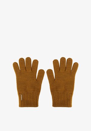 Guantes de punto marrones con diseño de cinco dedos, que presentan puños acanalados y una pequeña etiqueta de logo en el lateral. Textura suave, material cálido.