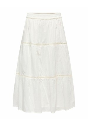 Jupe midi blanche à étages avec taille élastique et détails subtils de dentelle horizontale. Tissu léger et fluide.