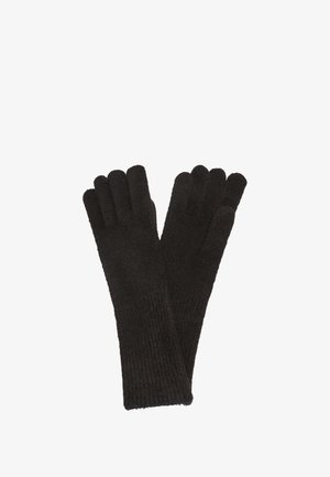 Schwarze Wollhandschuhe mit einer weichen, strukturierten Oberfläche, die über separate Fingerfächer und ein geripptes Bündchen-Design für zusätzliche Wärme verfügen.