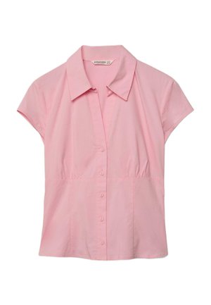 Camicia rosa a maniche corte con colletto e bottoni frontali, leggermente arricciata in vita, mostrata su sfondo bianco.