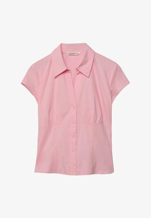 Kurzärmeliges rosa Bluse mit Kragen und Knöpfen vorne, leicht an der Taille gerafft, vor weißem Hintergrund dargestellt.
