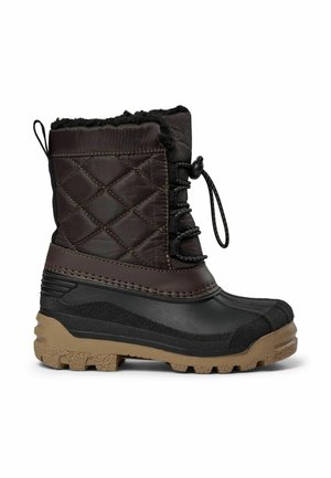 Wysokie zimowe buty z brązową pikowaną cholewką z tkaniny, czarną gumową częścią dolną, brązową teksturowaną podeszwą, czarną futrzaną wyściółką i regulowanym zamknięciem na sznurowadła.