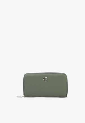 Olive green rectangular zip-around wallet with a small silver lowercase "a" logo on front and silver zipper pull.
