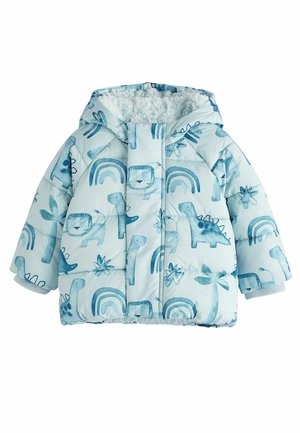 Veste matelassée de couleur bleu clair avec des motifs de dinosaures et d'arcs-en-ciel. Elle est dotée d'une capuche et d'une doublure douce pour la chaleur.