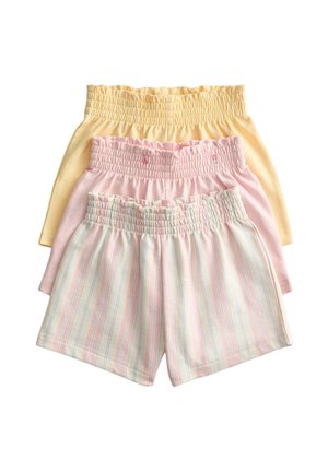 Drei Paare Shorts mit elastischem Bund in Gelb, Pink und Weiß mit pastellrosa und blauen Streifen, gestapelt auf weißem Hintergrund.