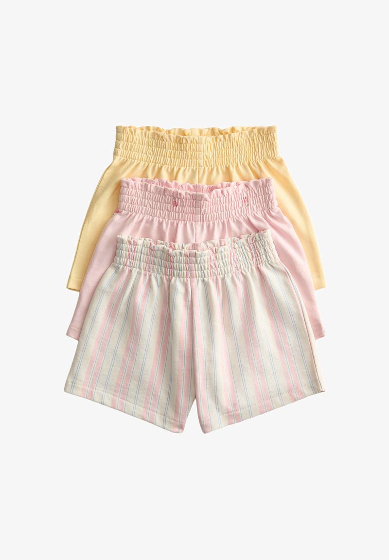 Three pairs of elastic-waist shorts in yellow, pink, and white with pastel pink and blue stripes, stacked on a white background.