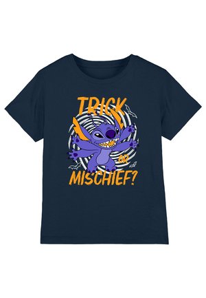 Navy blue t-shirt featuring a purple cartoon character with orange accents. Text reads "TRICK OR MISCHIEF?" with a spiral and bats design.