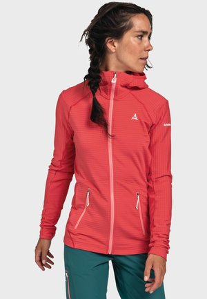Helle korallenfarbene Zip-Jacke aus strukturiertem, leichtem Material. Verfügt über eine taillierte Kapuze, zwei Reißverschlusstaschen und ein Logo am Ärmel.