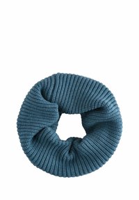 Chouchou en tricot côtelé de couleur bleu sarcelle foncé, avec une texture douce et une élasticité pour un maintien sécurisé.
