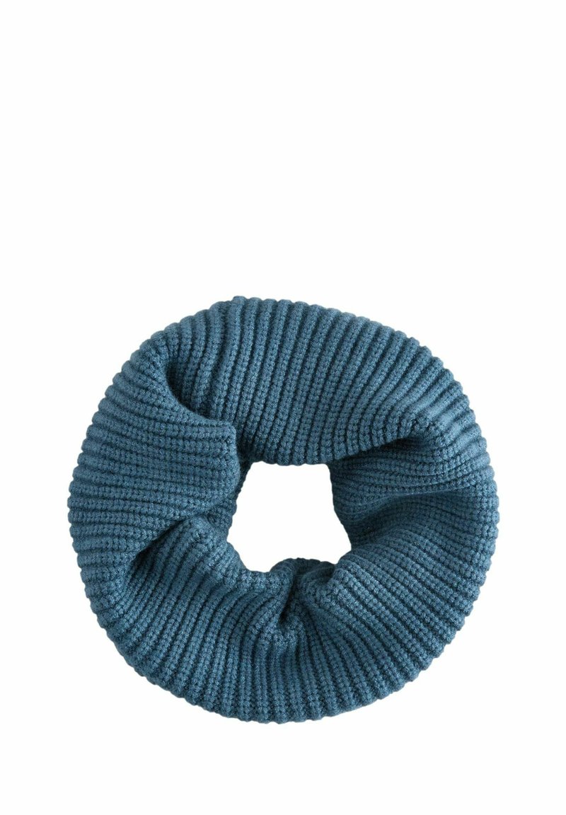Chouchou en tricot côtelé de couleur bleu sarcelle foncé, avec une texture douce et une élasticité pour un maintien sécurisé.