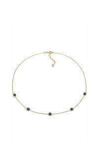 Gouden ketting met vijf blauwe oogvormige hanger met ronde zwarte centra, gelijkmatig verdeeld, met een veilige sluiting en verlengkettinkje.
