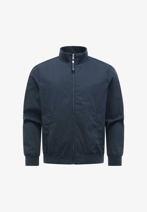 Marineblaue Sweatjacke mit Reißverschluss, geripptem Kragen, Bündchen und Saum, zwei seitlichen Taschen und einem geraden, klaren Design.