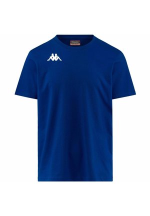 T-shirt in cotone blu con maniche corte, scollo a girocollo e logo Kappa bianco sul lato sinistro del petto. Texture liscia e design semplice.