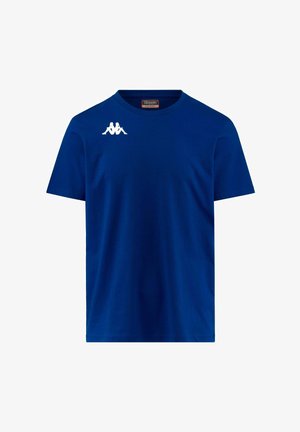 T-shirt in cotone blu con maniche corte, scollo a girocollo e logo Kappa bianco sul lato sinistro del petto. Texture liscia e design semplice.