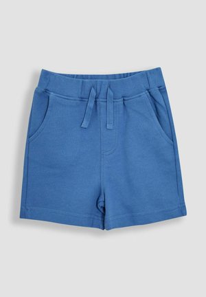 Blaue Baumwollshorts mit elastischem Bund, Kordelzug und zwei Fronttaschen. Glatte Textur, genähte Säume und ein lässiges Design.
