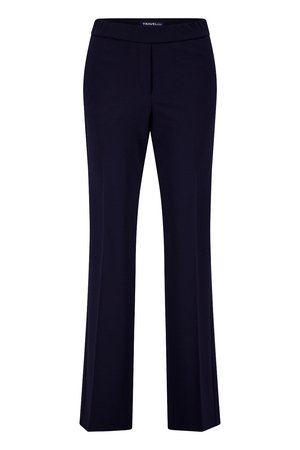 Pantalons de voyage navy en tissu lisse et extensible. Dotés d'une taille large et d'un design à jambe droite, sans fermetures ni poches visibles.