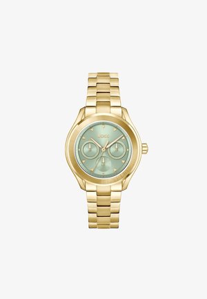 Goldfarbene Uhr mit einem runden, mintgrünen Zifferblatt, das drei Teilzifferblätter, goldene Akzente und ein Gliederarmband hat.