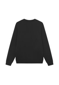 Sort genser med lange ermer, rund halsdesign og ribbede mansjetter og nederkant. Glatt tekstur uten synlige mønstre eller grafikk.