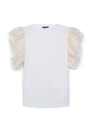 T-shirt bianca con maniche corte, trasparenti e arriccinate di un morbido colore beige. Collo rotondo, texture liscia e vestibilità comoda.