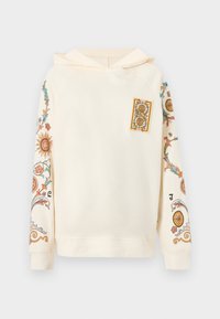 Κρεμ φούτερ με πολύχρωμα σχέδια ήλιου και λουλουδιών στα μανίκια και στο έμβλημα στο στήθος, με κουκούλα με κορδόνι και ριμπ μανσέτες.