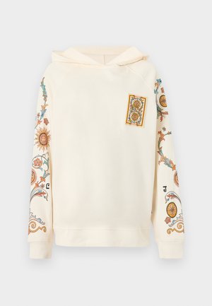 Krémová mikina s kapucí s barevnými vzory slunce a květin na rukávech a náprsní záplatu, s kapucí na stažení a žebrovanými manžetami.