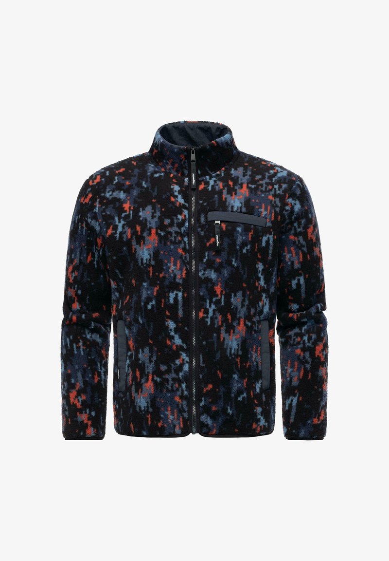 Giacca in fleece con colletto alto, chiusura frontale con zip e design a fantasia in nero, blu e rosso. Presenta una tasca sul petto e tasche laterali con zip.