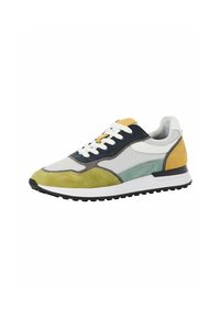 Sneaker con tomaia in mesh e suede giallo, verde, grigio e bianco. Presenta una punta arrotondata, chiusura con lacci e suola in gomma.
