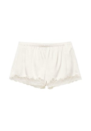 Weiße Satin-Shorts mit elastischem Bund und Spitzenbesatz entlang der unteren Kanten, vor einem einfarbigen Hintergrund präsentiert.