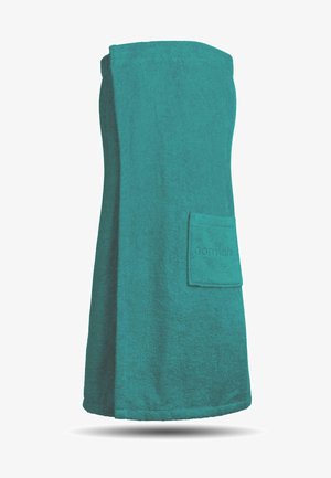 Teal Badetuch-Wrap aus weichem Frottierstoff mit einer quadratischen Tasche, die den eingestickten Markennamen zeigt. Schlichtes Design mit glatter Textur.