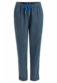 Pantalon décontracté bleu foncé avec taille élastique et cordon de serrage bleu vif, présentant des jambes droites et de petites fentes latérales aux chevilles.