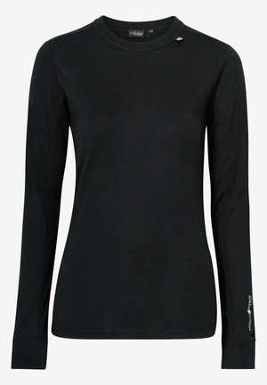 Black long-sleeve shirt featuring a round neckline, soft fabric, and a fitted design. Includes small logo accent on the shoulder.