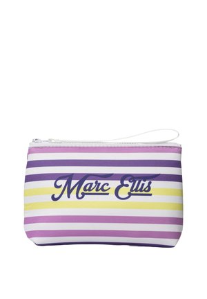 Small zippered pouch with horizontal purple, pink, and yellow stripes and a wrist strap, featuring "Marc Ellis" text on the front.