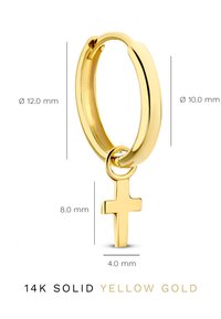 14K solid yellow gold hoop earring with a small cross charm, dimensions: hoop Ø 12.0 mm, cross 8.0 mm by 4.0 mm, shiny smooth texture.