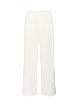 Pantalons blancs à jambes larges, fabriqués en tissu léger avec une texture lisse. Ils présentent des plis à l'avant et une taille élastique à mi-hauteur.