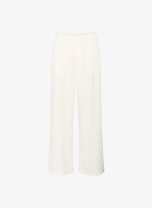 White wide-leg pants made of lightweight fabric with a smooth texture. Features front pleats and a mid-rise elastic waistband.